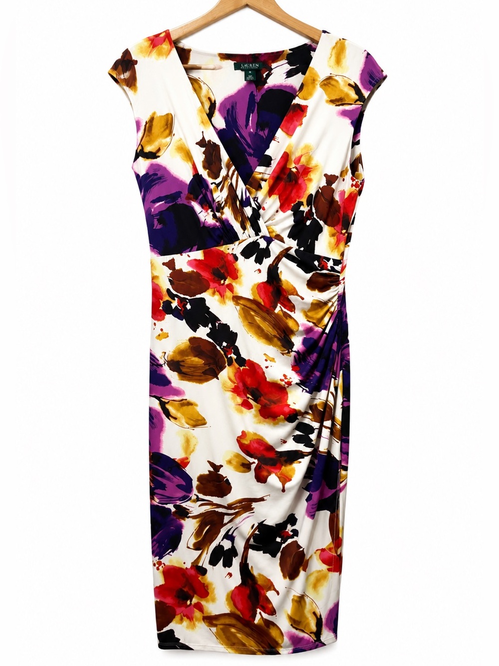 Lauren Ralph Lauren Floral Ruched Sheath Dress V Neck Knee Length